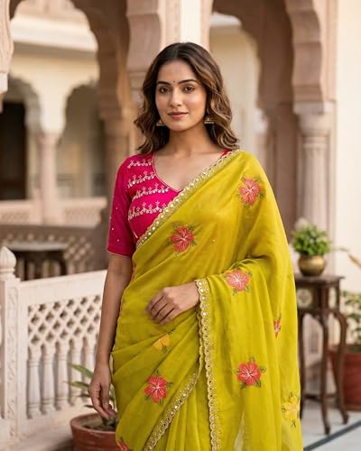 Image of Handcrafted Floral Embroidered Saree with Contrast Blouse