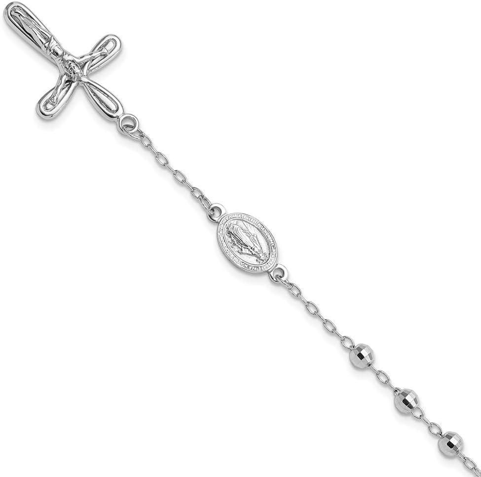 925 Sterling Silver Rhodium-plated Dangle Cross Beaded Rosary Cable Chain Bracelet for Women 7.5"", White, AFJ-QG-QG6383-7.5-MP