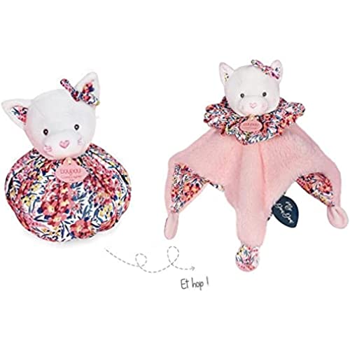 Doudou et Compagnie - Peluche Chat Rose 3 en 1 Réversible : 1 Chat + 1 Marionnette = 1 Petit Sac pour se Promener - 25 cm - Collection Petits Futés - Idée Cadeau - Garantie Doudou Perdu - ‎DC3933