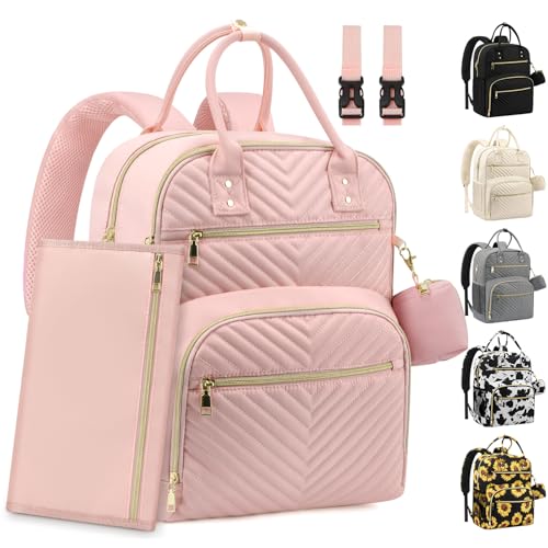 Image of Pritent Diaper Bag Backpack,Baby Essentials Diapers Bag with Pacifier Case,Multipurpose Stylish Large Capacity Travel Backpack for Baby Girl/Boy(L-Pink)