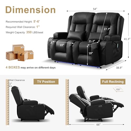 Image of URRED Power Loveseat Recliner Sofa with Massage and Heat, Wall Hugger Reclining Loveseat, RV Couch Home Theater Seating with LED Lights for Living Room (Black, 54 inch - 2 Seats)