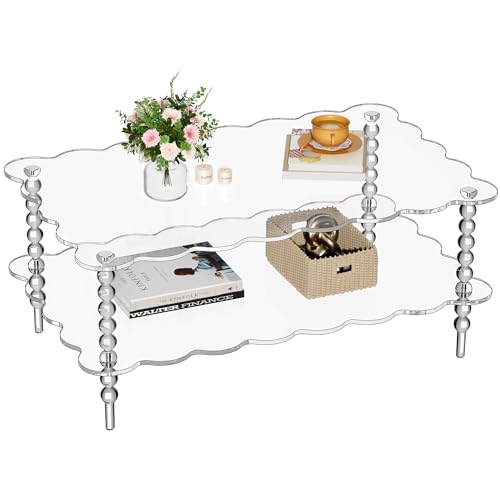Dewrhiixe Acrylic Coffee Table, 2-Tier Living Room Table with Storage, Center Table Mid-Modern Century for Living Room, Easy to Assemble (Clear, 37.8“×23.6“×15.7”)