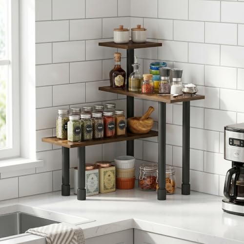Image of Furinno Turn-N-Tube Kitchen Countertop Organizer, 3-Tier Corner Countertop Organizer Shelf, Corner Shelf, for Kitchen, Pantry, Organizers and Storage, Amber Pine