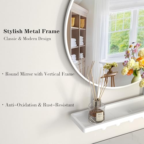 Image of BEAUTME Wall Mirror with Shelf and Hooks, 32x22 Inch Metal Framed Round Bathroom Mirrors with Shelf, Modern Farmhouse Wall Decor for Living Room Bedroom Entryway, Vertical (White)
