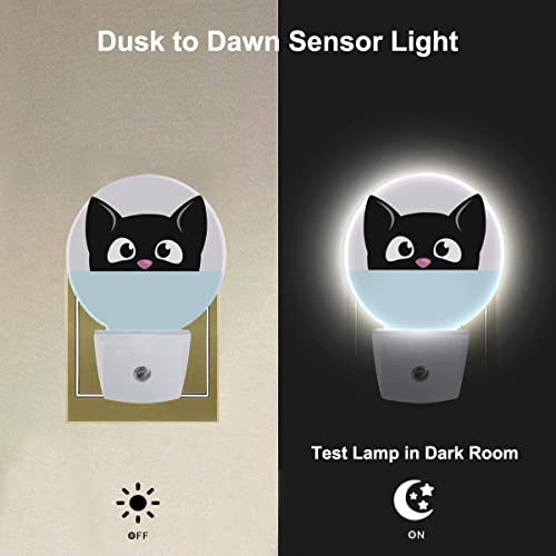 Image of Cat Lamp Cartoon Black Cat Big Eyes Cute Kitten Animal Plug-in Night Lights with Dusk-to-Dawn Sensor for Bedroom, Bathroom and Living Room 0.5W Sleep Friendly for Women /Girls /Boys
