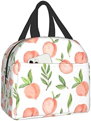 Canesert Lunch Bag with Pocket for Teen Cute Peach Insulated Lunch Box Cooler Thermal Waterproof Reusable Tote Bag for Women Travel Work Hiking Picnic