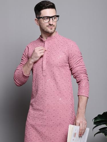 Image of Jompers Men's Geometric Sequin Embroidered Pure Cotton Kurta with Pyjamas Set