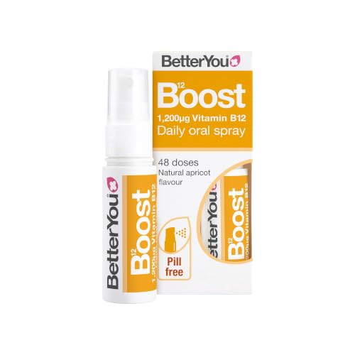 BetterYou Vitamin B12 Oral Spray High Strength Methylcobalamin Supplement 1200mcg per dose to Boost Energy Natural Apricot Flavour 48-Day Supply