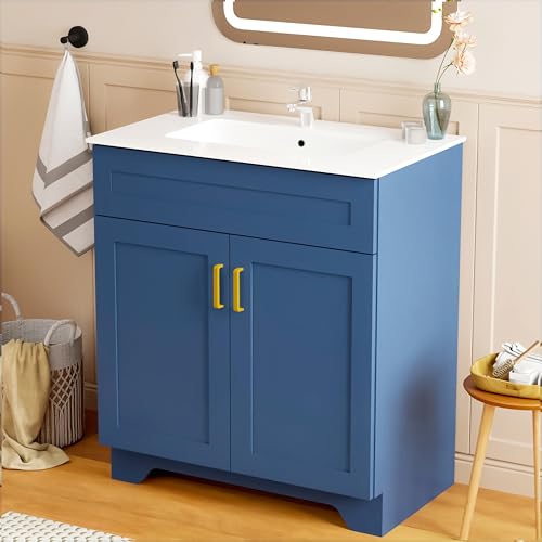LDarqeer 30 Inch Bathroom Vanity with Ceramic Sink, Easy Tool-Free Installation Modern Farmhouse Sink Cabinet for Bathroom Remodel (Blue)