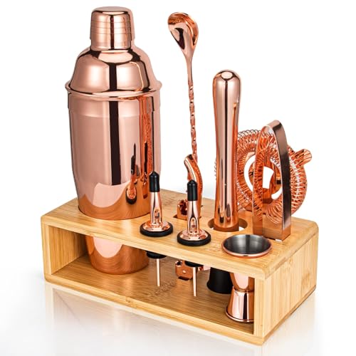 Cocktail Shaker Set, Mixology Bartender Kit 10-Piece Bar Tool Set with Stylish Bamboo Stand, Bar kit: Matini Shaker Mixing Spoon Muddler Jigger Cocksrew for Barware Set | Rose