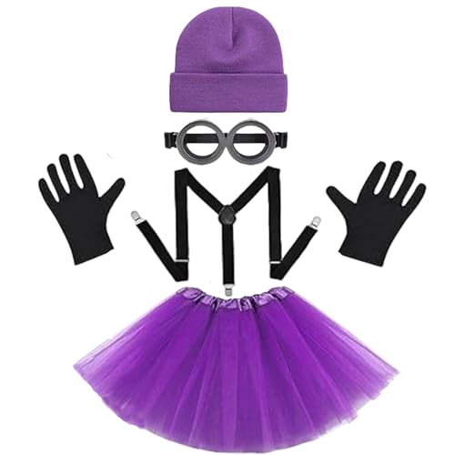 ANCOSJOY Halloween Costumes for Women Adult, Goggles/Purple Beanie/Dress/Suspenders/Gloves Halloween Costume