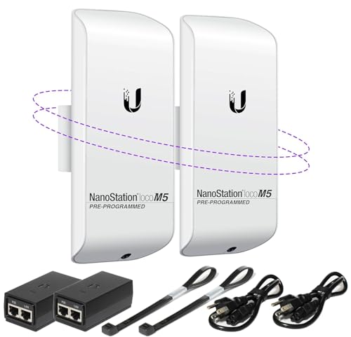 Puente inalámbrico LOCOM5 paquete preprogramado de 2 Ubiquiti Nanostation LOCO M5, puente WiFi punto a punto para exteriores, Plugh and Play, 5GHz, 150+Mbps, 15+km Link Range Network Puente