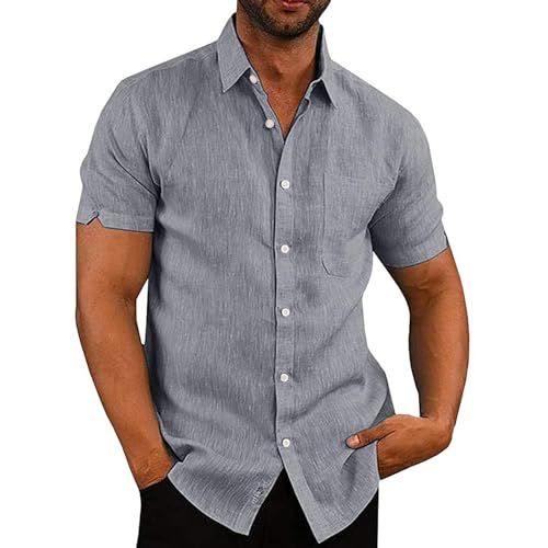 VANVENE Camisas de lino para hombre, camisas de manga corta, con botones, de algodón, para verano, casual, holgadas, para hombre, gris, XL
