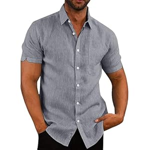 VANVENE Mens Linen Shirts Cotton Short Sleeved Shirts Regular Fit Casual Summer Shirts