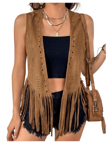 MakeMeChic Women's Plus Size Cowboy Chic Western Outfit Open Front Suede Fringe Vest Tassel Jacket Tops