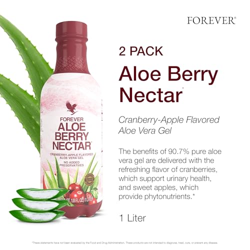 Forever Living - Aloe Berry Nectar - 90.7% Pure Aloe Vera Gel with Cranberries and Apples - No Preservatives - 1L (Pack of 2)
