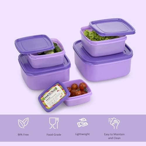Image of Nayasa Easy Funk Containers (11-15) (250ml + 650ml + 1 + 1.5 + 2.2 L) BPA Free Food Grade Airtight Kitchen Storage Stackable Containers, Purple