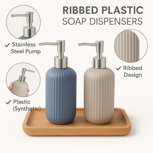 Image of LAGET 300ml Soap Dispenser for Wash Basin -Ribbed Design | Kitchen and Bathroom Accessories Items | Liquid Handwash Dispenser Bottle Chrome Finsih Top- Set of 2 (Metallic Blue and Grey)
