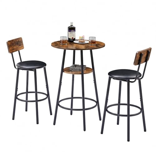 Image of Round Bar Table and Chairs Set for 2,3-Piece Pub Table Sets with 2 PU Upholstered Stools and Counter Height High Top Table,Space Saving,for Dining Room Small Space Apartment (Brown)
