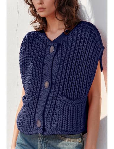 Image of Women's Sleeveless Chunky Knit Cardigan V-Neck Button Down Vest Casual Loose-Fitted Crochet Sweater with Pockets 2024