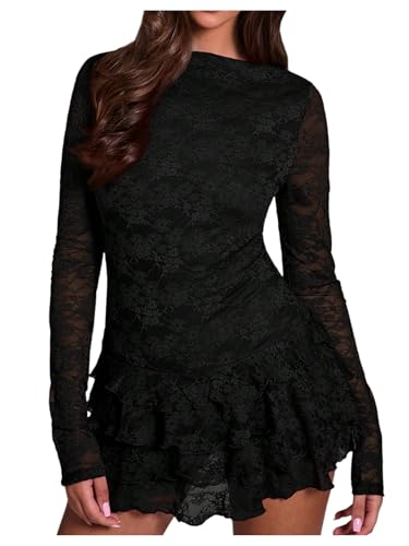 WDIRARA Women's Floral Lace Sheer Long Sleeve Boat Neck...