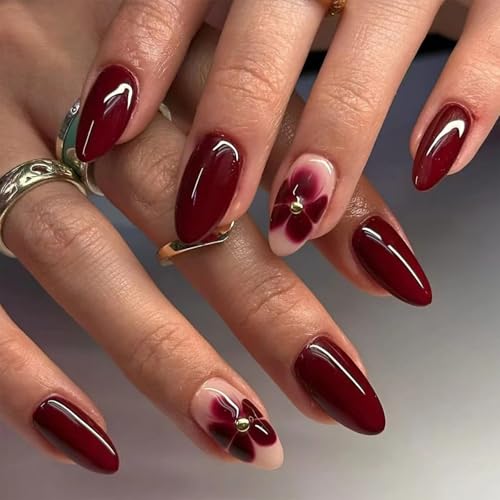 Kabwea 24 peças flores de amêndoa vermelhas arte de unhas, unhas postiças, unhas de colar, unhas falsas