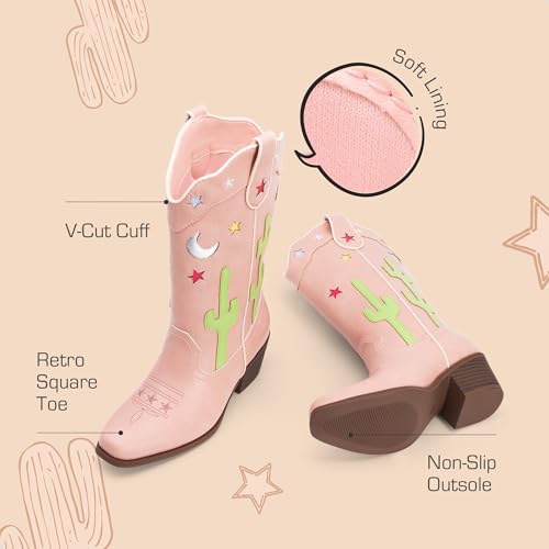 DREAM PAIRS Girls Cowboy Boots Cowgirl Mid Calf Western Boots with Low Heel Square Toe for Little Kid/Big Kid4