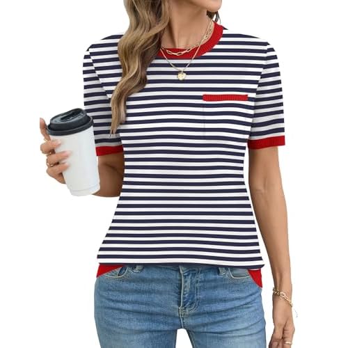 Rapbin Short Sleeve Sweater for Women Spring Summer Knit Tops Crew Neck Casual Lightweight Pullover Sweaters with Pocket