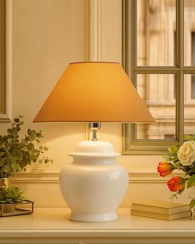 Image of Homesake Ceramic Pot Shaped Base White Table Lamp for Living Room, Bedside, Bedroom & Study | Nightstand | Modern Decorative Night Lamp with LED Bulb, Shade for Home Decor, Golden Cone Shade