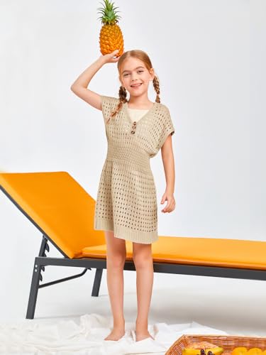 Haloumoning Mädchen Strandkleid Cover Up Sommer Bikini Poncho Kurzarm Strick Kinder Mode Badeanzüge, Beige, 150