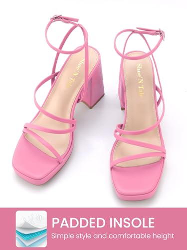 Image of Shoe'N Tale Platform Heels for Women Strappy Block Chunky Heels Square Toe Ankle Buckle Sandals
