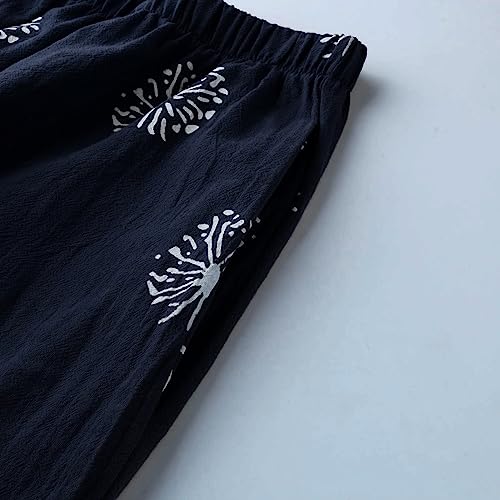 Image of Cotton Linen Capri Pants for Women 2025 Casual Printed Cropped Palazzo Pants Elastic Waist Lounge Baggy Trousers