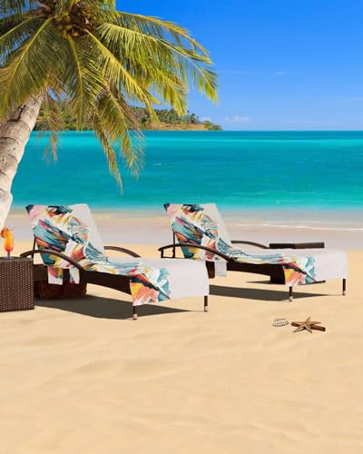 Mountains Teal Beach Chair Cover with Side Pockets, Microfiber & Quick Dry Pool Chaise Lounge Chair Towels Covers for Sun Sunbathing Patio Garden Hotel, Yellow Red Turquoise Abstract Painting Art