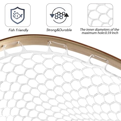 Riverruns Long Wooden Net Fly Fishing with Measuring Dots on Handle Soft Rubber Bag (Long Handle Wooden Net)