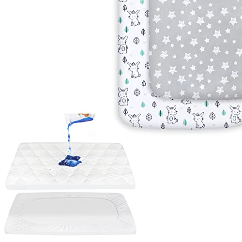 Image of Moonsea Pack and Play Sheets, 2 Pack Mini Crib Sheets, Stretchy Fitted Sheet and Pack N Play Mattress Pad Sheets Cover, Waterproof