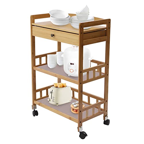 Harolddol 3 Tier Bamboo Storage Rack With Wheels Kitchen Drawer Mobile Kitchen Island Rolling Cart Coffee Cart Station, 20.9 * 11.8 * 31.5In #TOP13