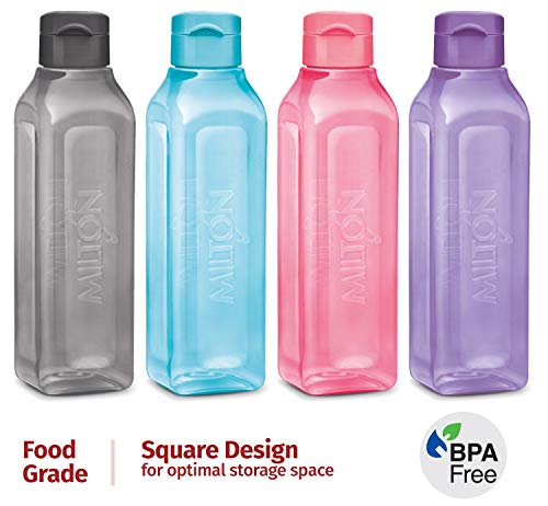 MILTON Sports Water Bottle Square Juice Box 4 Set 17 oz. Great for Juices Milk Smoothies Plastic Wide-Mouth Reusable Leak Proof Drink Bottle/Carton for School Bags Lunch Boxes Gym Flip Lid -BPA Free