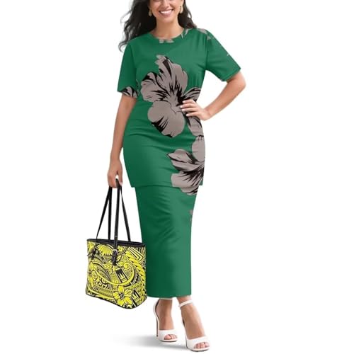 Image of Puletasi Samoan Traditional 2 Piece Outfits for Women Short Sleeve Crop Top and Maxi Skirt Sets Puletasi Dress