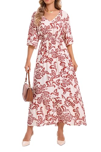 Image of Women's Summer Short Sleeve Maxi Floral Flowy Dresses with Pockets