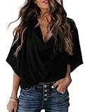  Onsoyours Femme Chemisier Unie Blouse Chemise Lâche Col V T Shirt à Manches Longues Top Blouse 3/4 Manches Évasées Top Automne C Noir L