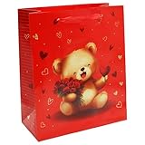Bolsa de Regalo para San Valentín, Bolsas con Adorable Oso de Peluche y Corazón, Bolsa Regalo Rojo para Navidad Cumpleaños Boda Aniversario, 25x21x10cm