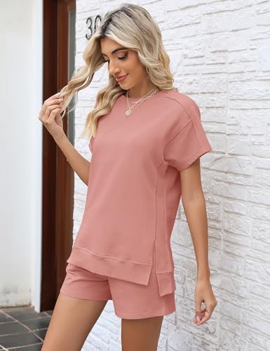 Image of LOMON Womens Fashion 2 Piece Outfits Sweatsuits 2026 Summer Short Sleeve Loungewear Tracksuit Round Neck Lounge Shorts Sets