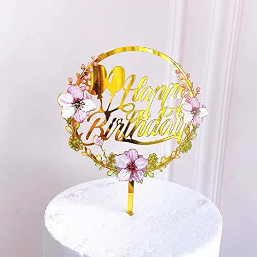 Zilphoba 12Pcs Happy Birthday Cake Toppers, Flower Acrylic Gold Birthday Party Cupcake Decorations #TOP4