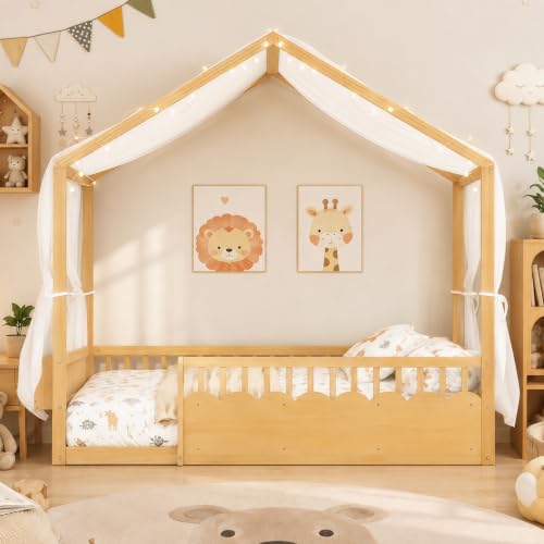 Image of Bellemave Twin House BedFrame with Canopy, Montessori House Bed with LED and Bookshelf and Rails for Kids, Natural