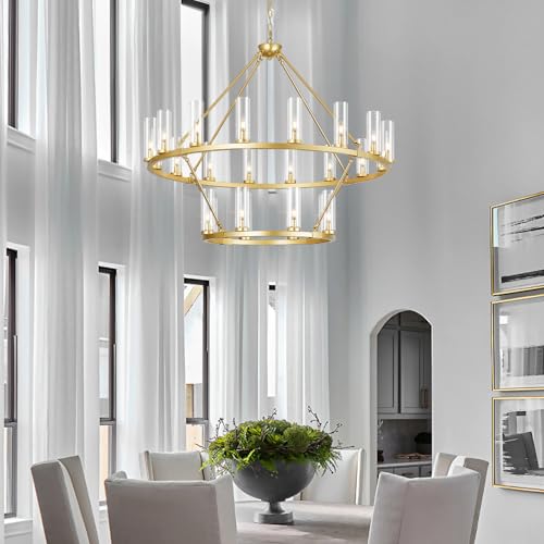 Image of 48 Inch Large Gold Wagon Wheel Chandelier with Clear Glass Shade 2 Tier 24-Lights Round Pendant Light Farmhouse Industrial Chandeliers Dining Room Light Fixture for Stair Living Room Foyer