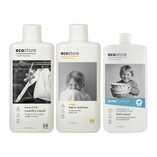 ecostore(エコストア) トライアルキット 洗濯洗剤 柔軟剤 食器用洗剤 セット ランドリーリキッド 【ユーカリ】 1L ファブリックソフナー 【シトラス】 1L ディッシュウォッシュリキッド 【無香料】 1L 植物由来 肌にやさしいのサムネイル