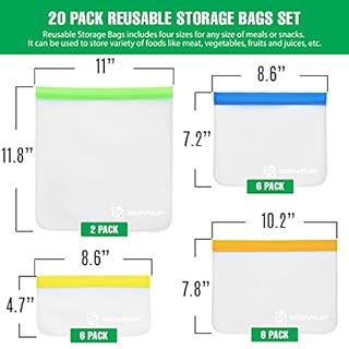 SERVEUP 20 Pack Reusable Food Storage Bags– Resealable Freezer Food Bags– Leak Proof Ziplock Airtight Container for Lunch, Snacks, Fruits and Vegetables– Thick BPA Free Eco Friendly Pouches