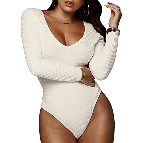 QKEPCY Damen Body Langarm V-Ausschnitt Sexy Body Elegant Bodysuit Tops Einfarbig Oberteil Wrap Bodies Langarmbody Blickdichter Classics Damen Top Jumpsuit (Weiß, M)