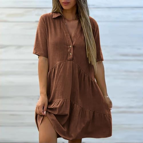 Frostluinai Sun Dresses Women Trendy 2026 Womens Cotton Linen Dresses Summer Casual Loose Fit Sundress V Neck Button Down Short Sleeve Mini Dress Coffee - 2