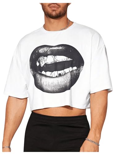 Men's Graphic Tees Short Sleeve Crew Neck Drop Shoulder Cropped T Shirt Summer Funny Tee Shirts